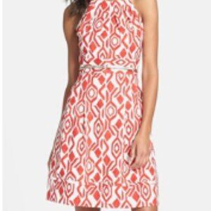 Eliza J sleeveless red/white ikat print lined cotton dress sz 4